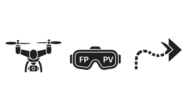 Drone with FPV goggles and navigation arrow in modern minimalist style with black and white color scheme on clean flat design for technology illustration