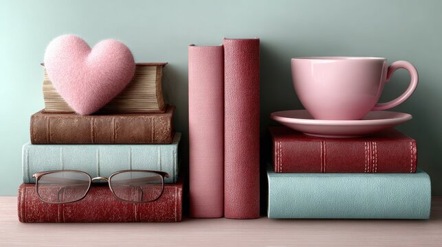 Valentine&rsquo;s Day book lover's poster set. Stack of books with heart bookmark, reading glasses, tea cup, cozy library background. Bookshop promo,