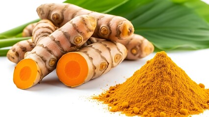 Fresh Turmeric Roots and Powder with Green Leaves on White Background rhizome spice