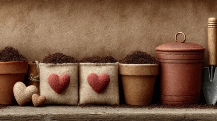 Valentine’s Day gardener's seed packets.  Packets with heart-shaped seeds, trowel, watering can, soil brown background. 