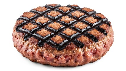 Grilled Beef Burger Patty with Diamond Grid Pattern on White Background barbecue