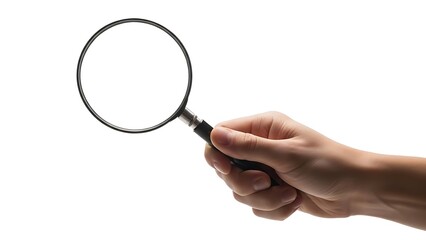 Hand Holding a Magnifying Glass with a Blank Lens on White Background search
