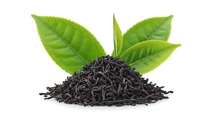 Pile of Dried Black Tea Leaves with Fresh Green Tea Leaves on White Background dried tea loose leaf tea