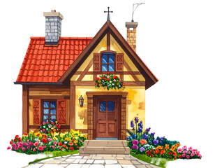 Rustic cottage with red tile roof, stone path, and blooming flower garden