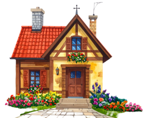 Rustic cottage with red tile roof, stone path, and blooming flower garden
