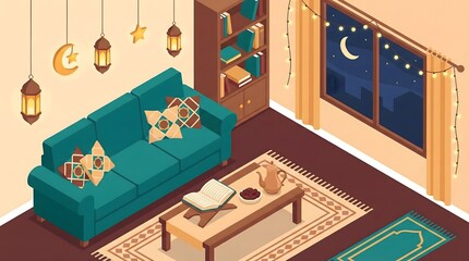 Isometric Muslim Living Room Interior with Ramadan Decorations and Open Quran
