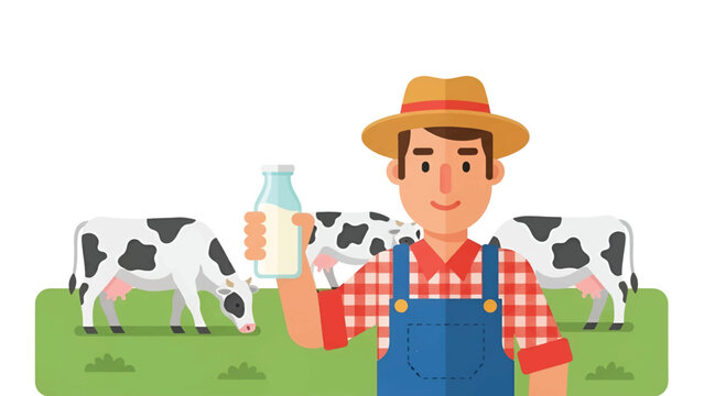 Smiling farmer in straw hat holds a glass milk bottle while cows graze on a green pasture at sunrise