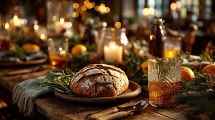 Close-up of rustic bread and drink on a festive dinner table