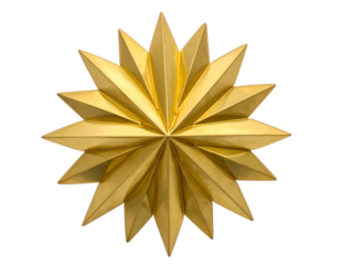 Intricate gold starburst ornament, sharp facets, radiating outward