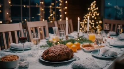Cozy Holiday Dinner Table Setting with Festive Lights and Food