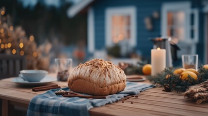 Rustic artisanal bread on outdoor table setting at dusk