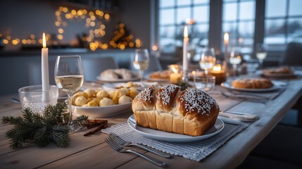 Festive Holiday Dinner Table with Bread, Candles and Bokeh Lights