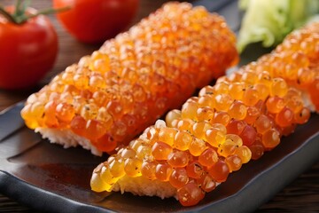 Salmon Ikura Sushi Nigiri on Black Plate - Japanese Cuisine Detail