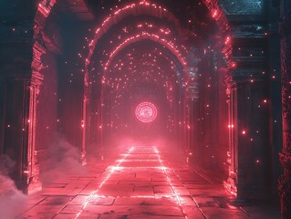Illuminated mystical temple corridor with radiant glowing symbol and floating lights