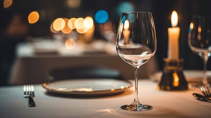 Elegant Crystal Wine Glass on White Linen Table with Fine-Dining Atmosphere and Warm Bokeh