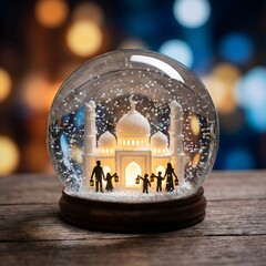 Magical Snow Globe with Miniature Mosque and Muslim Family Silhouettes Holding Lanterns