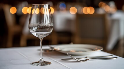 Elegant Crystal Wine Glass on White Linen Table with Fine-Dining Atmosphere and Warm Bokeh