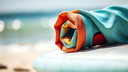 rashguard. A colorful rolled-up rashguard resting on a surfboard at the beach. event key visuals, club posters, designed for fitness apps and gym onboarding, drives event promotion.