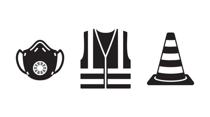 Safety Equipment Icons in Modern Minimalist Style with High Contrast Black and White for Workplace Safety