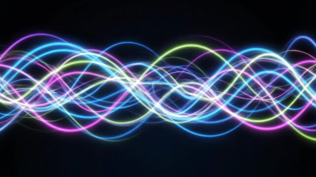 Vibrant neon light waves dynamically intertwine creating a mesmerizing digital art scene full of motion and color.