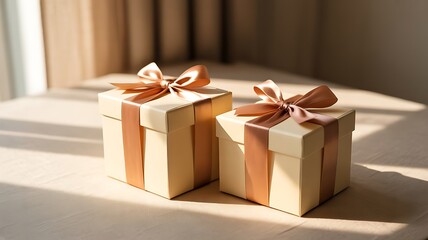Minimalist Cream Gift Boxes with Silver Ribbon and Bow in Sunlit Hyper-Realistic Still Life