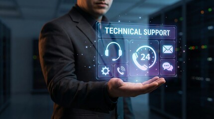 a professional businessman is displaying a futuristic holographic interface with technical support icons in front of a server room backdrop high quality detailed