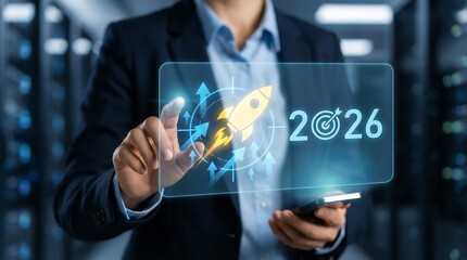A professional in a suit interacts with a transparent digital display showing a rocket and growth charts symbolizing future technological advancements and business