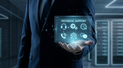 A professional in a suit presents a glowing digital interface displaying technical support icons amid a server room backdrop illustrating modern it solutions