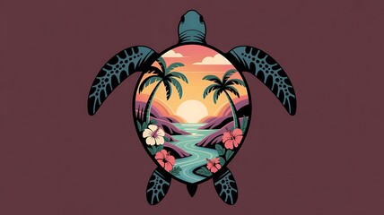 Retro Vintage Vector Sea Turtle with Tropical Sunset Shell, Palm Trees, and Hibiscus Flowers