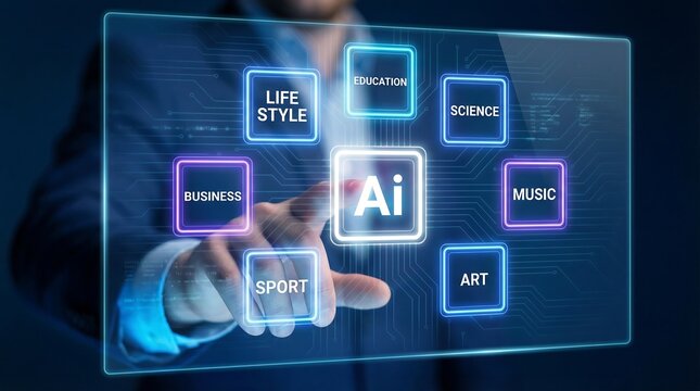 a businessman interacts with a futuristic transparent display showcasing artificial intelligence concepts like life style education science business music sport and art - Powered by Adobe