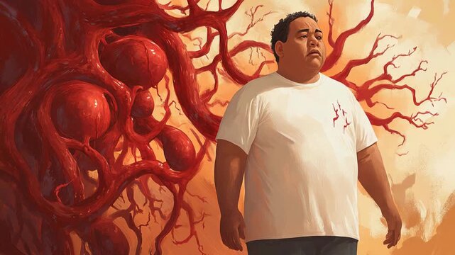 selective focus educational video illustrating clogged arteries in overweight child