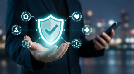 a man in a suit is presenting a glowing shield with digital icons representing data security and protection in a blurred cityscape