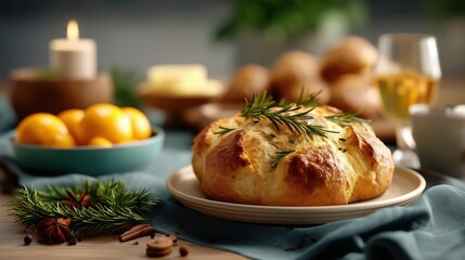 Rosemary Pull-Apart Bread on Festive Dinner Table