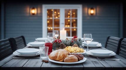 Cozy winter evening dinner table set outdoors with festive decor