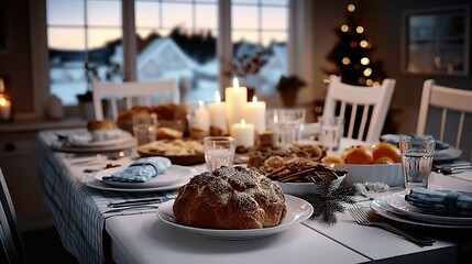 Cozy Dinner Table Setting with Candles on a Snowy Winter Evening