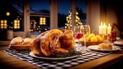 Roasted Holiday Turkey Dinner with Candles on Winter Night