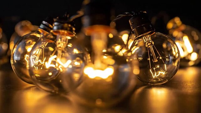 Illuminating glass light bulbs glow warmly in a dark setting.