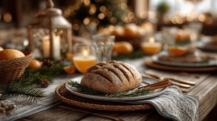 Rustic Holiday Table Setting with Bread and Warm Bokeh