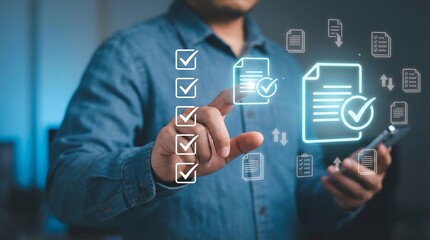 a man interacts with holographic checklist icons and document displays illustrating a digital workflow data verification and seamless task management process in a