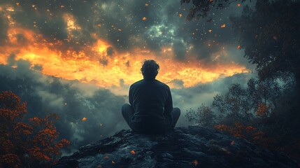 Obraz premium Contemplation on the edge of the world during golden dusk ethereal moment
