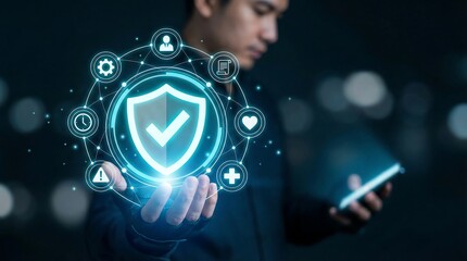 A man is holding a glowing digital security network in his hand representing cyber protection and technological advancements in data safety high quality