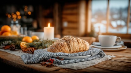 Fresh Croissant and Coffee on Rustic Holiday Morning Table