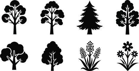 Collection of stylized black tree and floral silhouette illustrations © mst