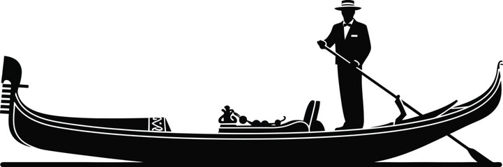 A silhouetted gondolier navigates a traditional venetian gondola on calm waters