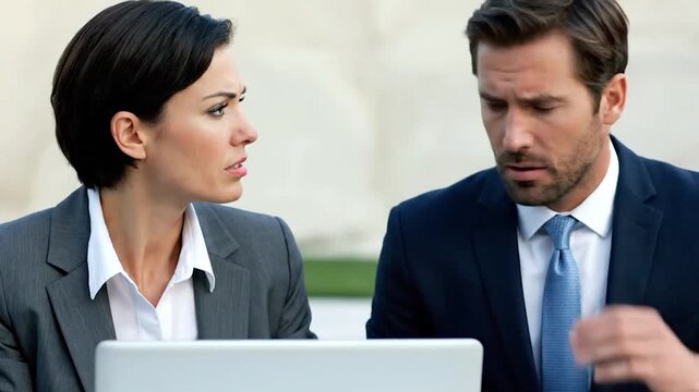 Two business people with intense expressions looking at a laptop