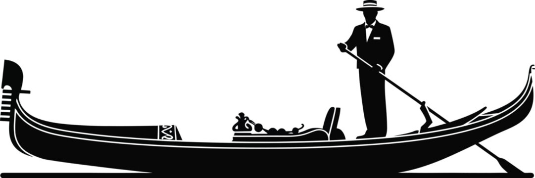 A silhouetted gondolier navigates a traditional venetian gondola on calm waters