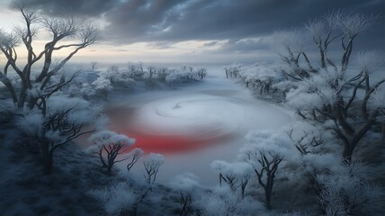 Misty Winter Landscape with Frosty Trees and Red Swirling Lake frozen