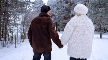 Couple In Snow, Pair Holding Hands In Icy Forest Sunset, Romantic Duo Strolling Through Snowy Woodland At Dusk, Two People Sharing Quiet Moments In Frozen Forest During Evening Hours