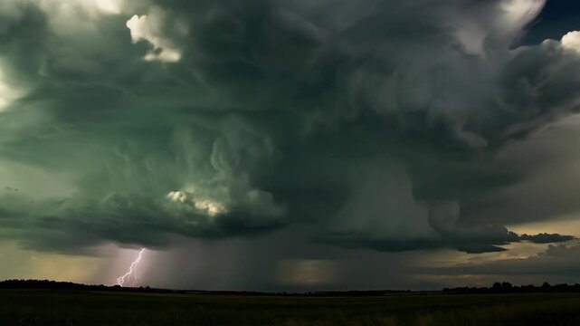 A sequence of storm clouds evolving into thunderstorms with lightning strikes across an open landscape, showcasing powerful weather phenomena and atmospheric dynamics.