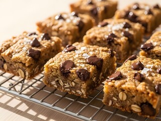 Freshly baked oatmeal bars on a cooling rack
